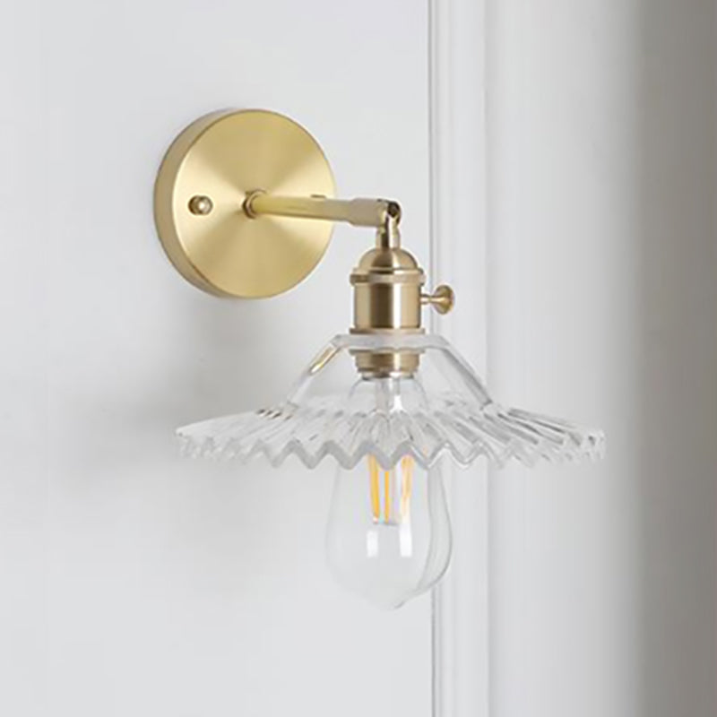1 Light Clear Glass Wall Sconce Light Industrial Brass Scalloped Living Room Lighting Fixture Clearhalo 'Cast Iron' 'Glass' 'Industrial' 'Modern wall lights' 'Modern' 'Tiffany' 'Traditional wall lights' 'Wall Lamps & Sconces' 'Wall Lights' Lighting' 1206121