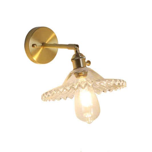 1 Light Clear Glass Wall Sconce Light Industrial Brass Scalloped Living Room Lighting Fixture Clearhalo 'Cast Iron' 'Glass' 'Industrial' 'Modern wall lights' 'Modern' 'Tiffany' 'Traditional wall lights' 'Wall Lamps & Sconces' 'Wall Lights' Lighting' 1206122