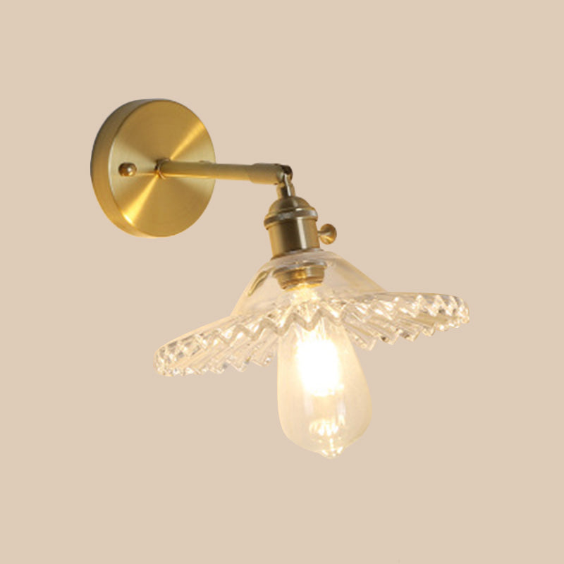 1 Light Clear Glass Wall Sconce Light Industrial Brass Scalloped Living Room Lighting Fixture Clearhalo 'Cast Iron' 'Glass' 'Industrial' 'Modern wall lights' 'Modern' 'Tiffany' 'Traditional wall lights' 'Wall Lamps & Sconces' 'Wall Lights' Lighting' 1206123