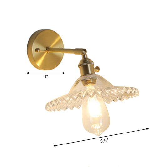 1 Light Clear Glass Wall Sconce Light Industrial Brass Scalloped Living Room Lighting Fixture Clearhalo 'Cast Iron' 'Glass' 'Industrial' 'Modern wall lights' 'Modern' 'Tiffany' 'Traditional wall lights' 'Wall Lamps & Sconces' 'Wall Lights' Lighting' 1206124
