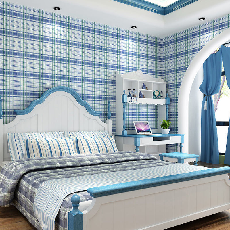 Nordic Tartan Pattern Wallpaper Non-Woven Unpasted Light-Color Wall Decoration for Bedroom Blue Clearhalo 'Wall Decor' 'Wallpaper' 1206168