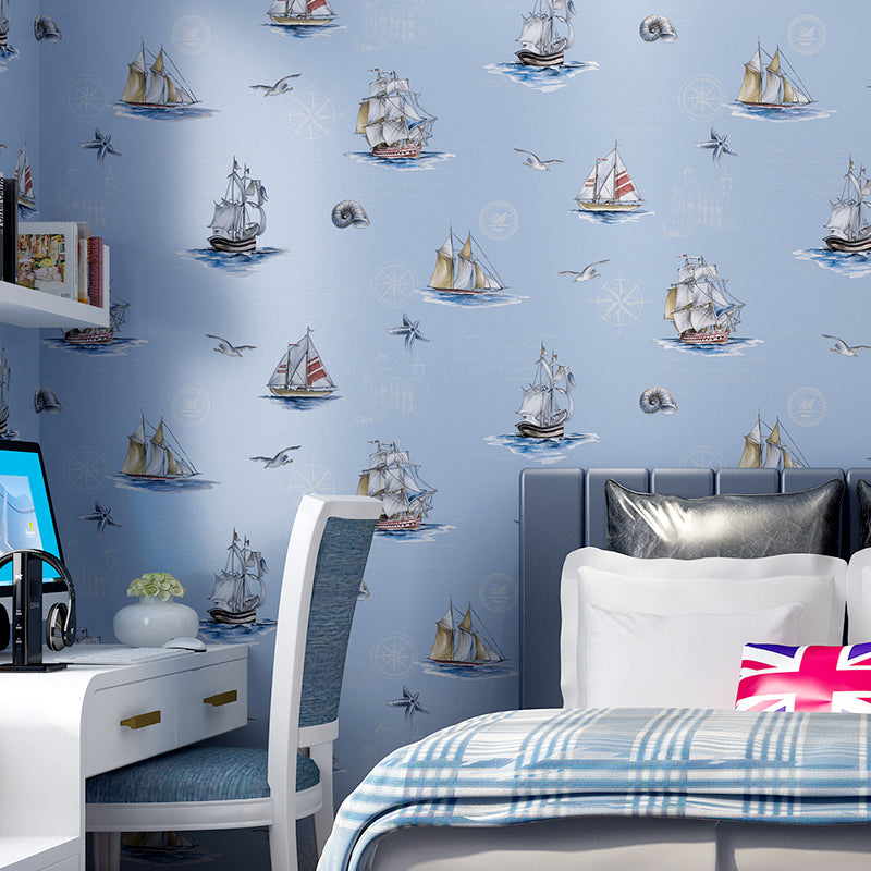 Nautical Sailboat Wallpaper Novelty Non-Woven Texture Wall Decor in Pastel Color Blue Clearhalo 'Wall Decor' 'Wallpaper' 1206263
