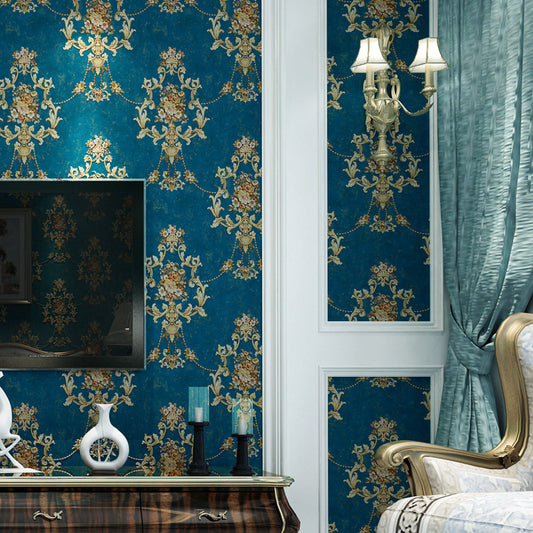 Nostalgic Jacquard Peonies Wallpaper Blue Stain Resistant Wall Decor for Living Room Blue Clearhalo 'Vintage wall decor' 'Vintage' 'Wallpaper' Wall Decor' 1206811