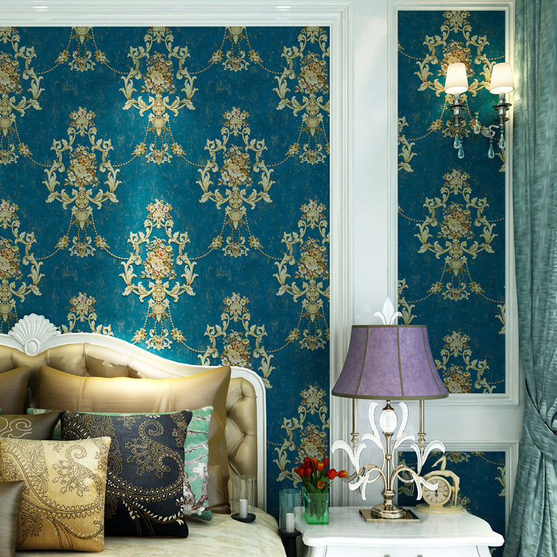Nostalgic Jacquard Peonies Wallpaper Blue Stain Resistant Wall Decor for Living Room Clearhalo 'Vintage wall decor' 'Vintage' 'Wallpaper' Wall Decor' 1206812