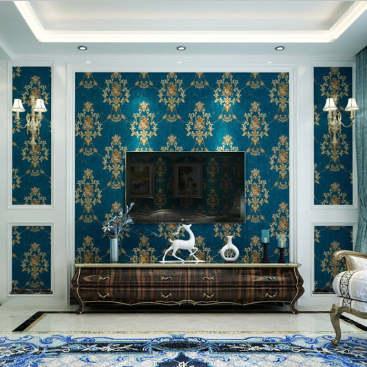 Nostalgic Jacquard Peonies Wallpaper Blue Stain Resistant Wall Decor for Living Room Clearhalo 'Vintage wall decor' 'Vintage' 'Wallpaper' Wall Decor' 1206813
