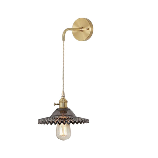 Smoked Textured Glass Brass Sconce Light Scalloped 1-Light Industrial Wall Lamp Fixture for Bedroom Clearhalo 'Cast Iron' 'Glass' 'Industrial' 'Modern wall lights' 'Modern' 'Tiffany' 'Traditional wall lights' 'Wall Lamps & Sconces' 'Wall Lights' Lighting' 1207336