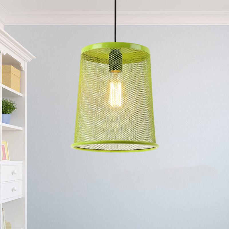 Silver/Red Cylinder Pendant Light Vintage Stylish 1 Bulb Dining Room Hanging Lamp with Mesh Cage Shade Clearhalo 'Art Deco Pendants' 'Cast Iron' 'Ceiling Lights' 'Ceramic' 'Crystal' 'Industrial Pendants' 'Industrial' 'Metal' 'Middle Century Pendants' 'Pendant Lights' 'Pendants' 'Tiffany' Lighting' 1207435