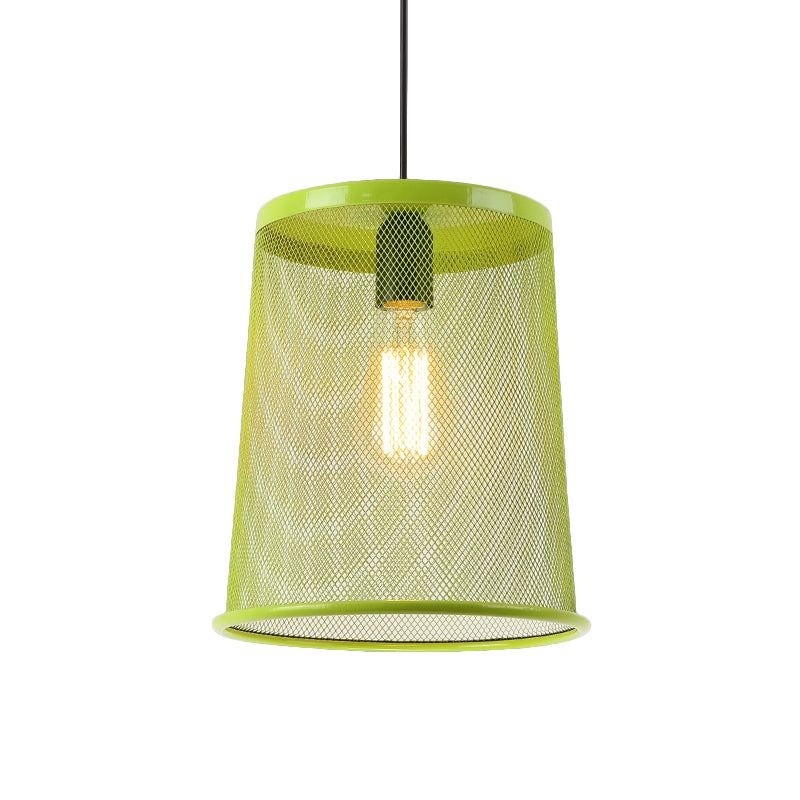 Silver/Red Cylinder Pendant Light Vintage Stylish 1 Bulb Dining Room Hanging Lamp with Mesh Cage Shade Clearhalo 'Art Deco Pendants' 'Cast Iron' 'Ceiling Lights' 'Ceramic' 'Crystal' 'Industrial Pendants' 'Industrial' 'Metal' 'Middle Century Pendants' 'Pendant Lights' 'Pendants' 'Tiffany' Lighting' 1207437