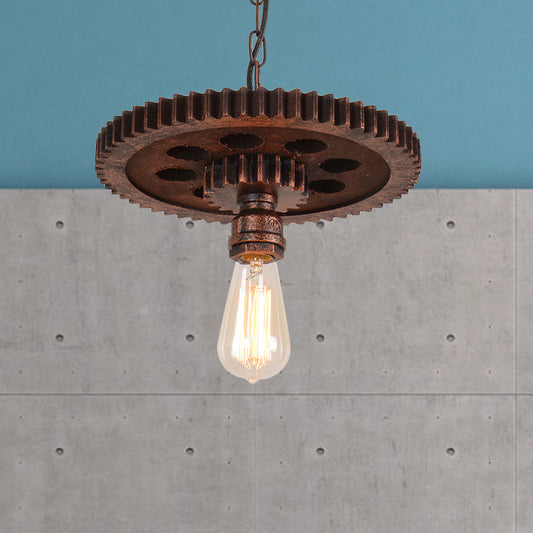 1 Light Bare Bulb Suspension Light with Gear Decoration Antique Style Rust Wrought Iron Hanging Light Clearhalo 'Art Deco Pendants' 'Cast Iron' 'Ceiling Lights' 'Ceramic' 'Crystal' 'Industrial Pendants' 'Industrial' 'Metal' 'Middle Century Pendants' 'Pendant Lights' 'Pendants' 'Tiffany' Lighting' 1207457