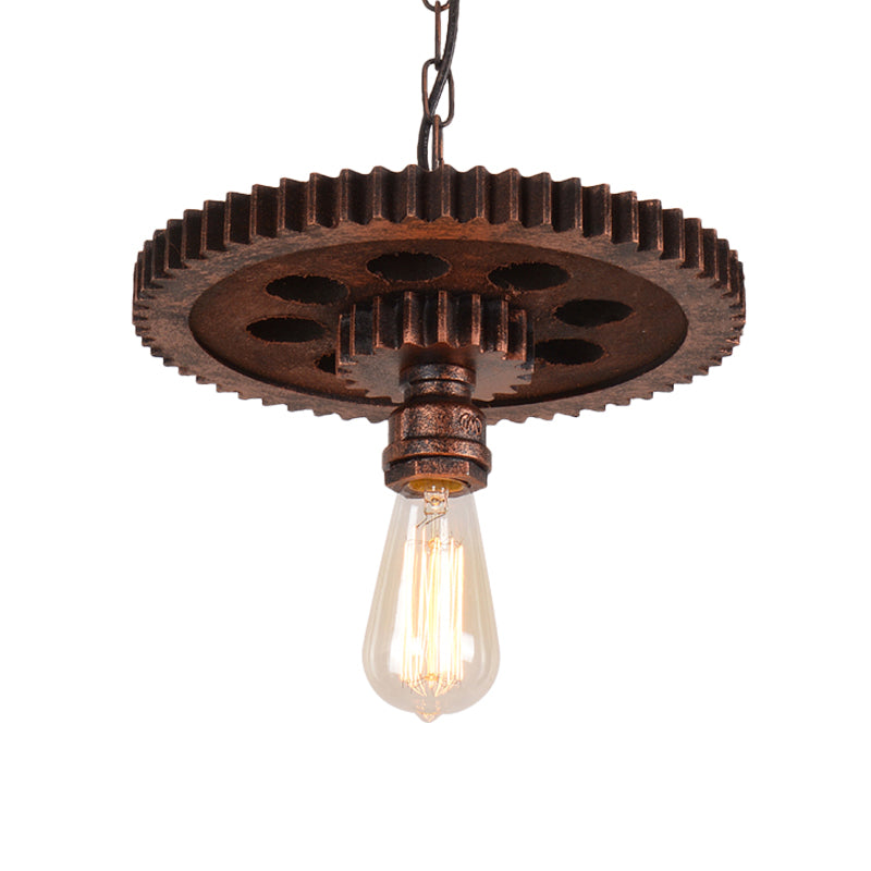1 Light Bare Bulb Suspension Light with Gear Decoration Antique Style Rust Wrought Iron Hanging Light Clearhalo 'Art Deco Pendants' 'Cast Iron' 'Ceiling Lights' 'Ceramic' 'Crystal' 'Industrial Pendants' 'Industrial' 'Metal' 'Middle Century Pendants' 'Pendant Lights' 'Pendants' 'Tiffany' Lighting' 1207458