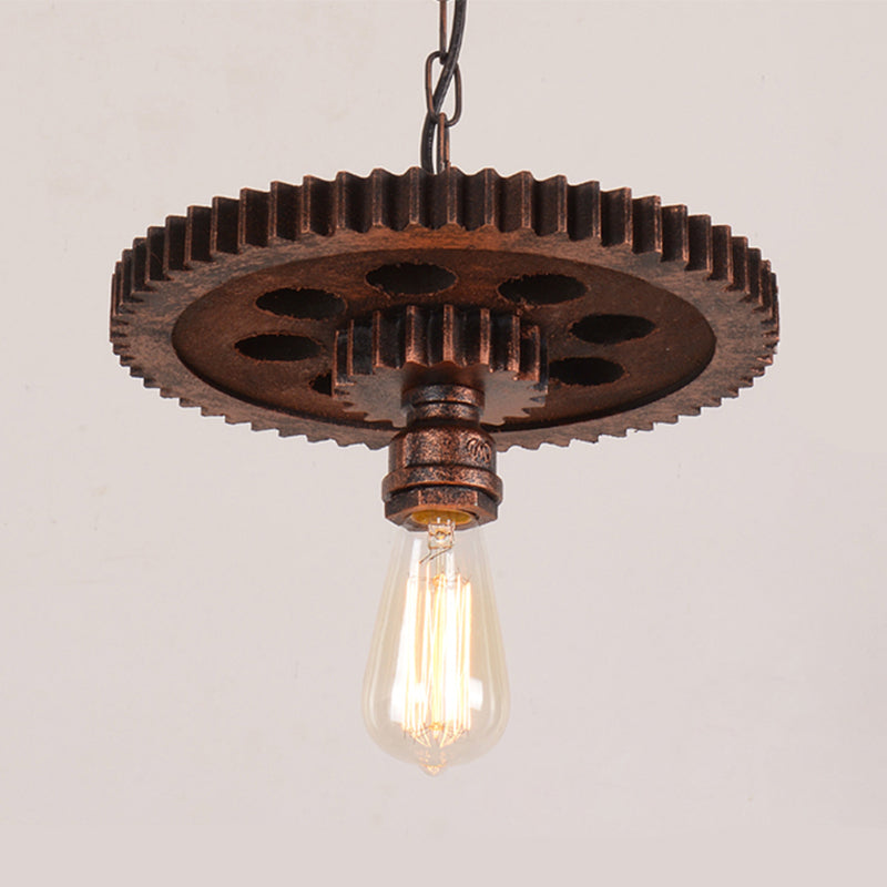 1 Light Bare Bulb Suspension Light with Gear Decoration Antique Style Rust Wrought Iron Hanging Light Clearhalo 'Art Deco Pendants' 'Cast Iron' 'Ceiling Lights' 'Ceramic' 'Crystal' 'Industrial Pendants' 'Industrial' 'Metal' 'Middle Century Pendants' 'Pendant Lights' 'Pendants' 'Tiffany' Lighting' 1207459