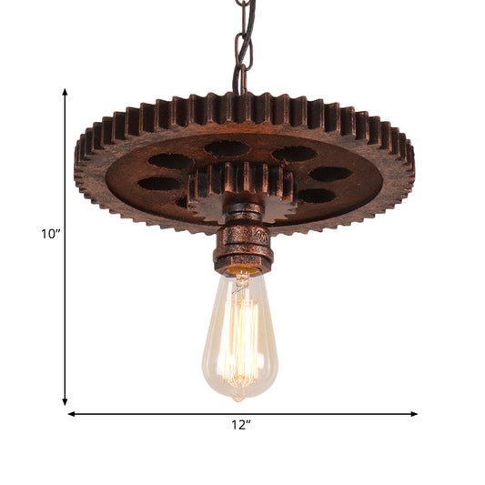 1 Light Bare Bulb Suspension Light with Gear Decoration Antique Style Rust Wrought Iron Hanging Light Clearhalo 'Art Deco Pendants' 'Cast Iron' 'Ceiling Lights' 'Ceramic' 'Crystal' 'Industrial Pendants' 'Industrial' 'Metal' 'Middle Century Pendants' 'Pendant Lights' 'Pendants' 'Tiffany' Lighting' 1207460