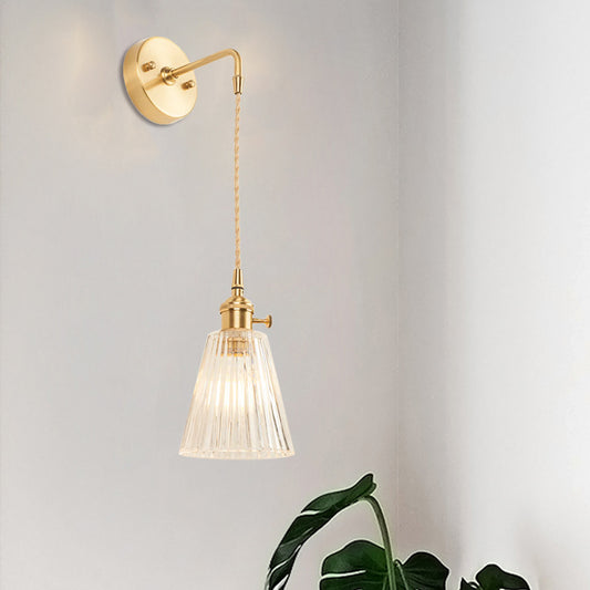 One Bulb Wall Light with Cone Shade Clear Textured Glass Industrial Bedroom Sconce Lighting Fixture Clearhalo 'Cast Iron' 'Glass' 'Industrial wall lights' 'Industrial' 'Middle century wall lights' 'Modern' 'Tiffany' 'Traditional wall lights' 'Wall Lamps & Sconces' 'Wall Lights' Lighting' 1207514