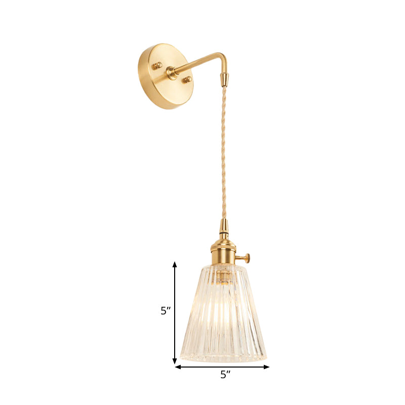 One Bulb Wall Light with Cone Shade Clear Textured Glass Industrial Bedroom Sconce Lighting Fixture Clearhalo 'Cast Iron' 'Glass' 'Industrial wall lights' 'Industrial' 'Middle century wall lights' 'Modern' 'Tiffany' 'Traditional wall lights' 'Wall Lamps & Sconces' 'Wall Lights' Lighting' 1207517