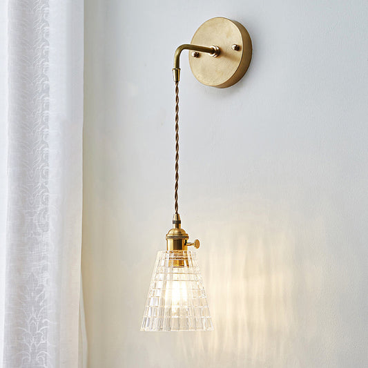 Tapered Clear Textured Glass Wall Hanging Light Industrial Single Bulb Bedroom Sconce Lamp in Brass Clear Clearhalo 'Cast Iron' 'Glass' 'Industrial wall lights' 'Industrial' 'Middle century wall lights' 'Modern' 'Tiffany' 'Traditional wall lights' 'Wall Lamps & Sconces' 'Wall Lights' Lighting' 1207518