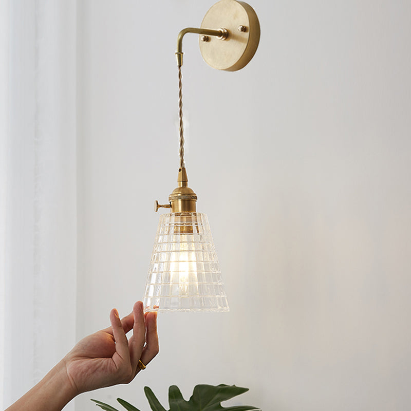 Tapered Clear Textured Glass Wall Hanging Light Industrial Single Bulb Bedroom Sconce Lamp in Brass Clearhalo 'Cast Iron' 'Glass' 'Industrial wall lights' 'Industrial' 'Middle century wall lights' 'Modern' 'Tiffany' 'Traditional wall lights' 'Wall Lamps & Sconces' 'Wall Lights' Lighting' 1207519