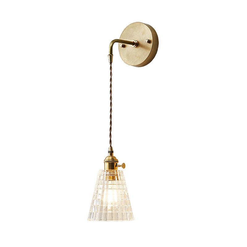 Tapered Clear Textured Glass Wall Hanging Light Industrial Single Bulb Bedroom Sconce Lamp in Brass Clearhalo 'Cast Iron' 'Glass' 'Industrial wall lights' 'Industrial' 'Middle century wall lights' 'Modern' 'Tiffany' 'Traditional wall lights' 'Wall Lamps & Sconces' 'Wall Lights' Lighting' 1207520