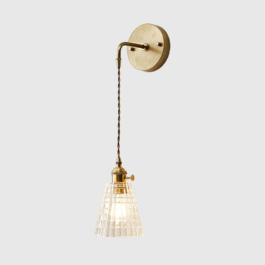 Tapered Clear Textured Glass Wall Hanging Light Industrial Single Bulb Bedroom Sconce Lamp in Brass Clearhalo 'Cast Iron' 'Glass' 'Industrial wall lights' 'Industrial' 'Middle century wall lights' 'Modern' 'Tiffany' 'Traditional wall lights' 'Wall Lamps & Sconces' 'Wall Lights' Lighting' 1207521