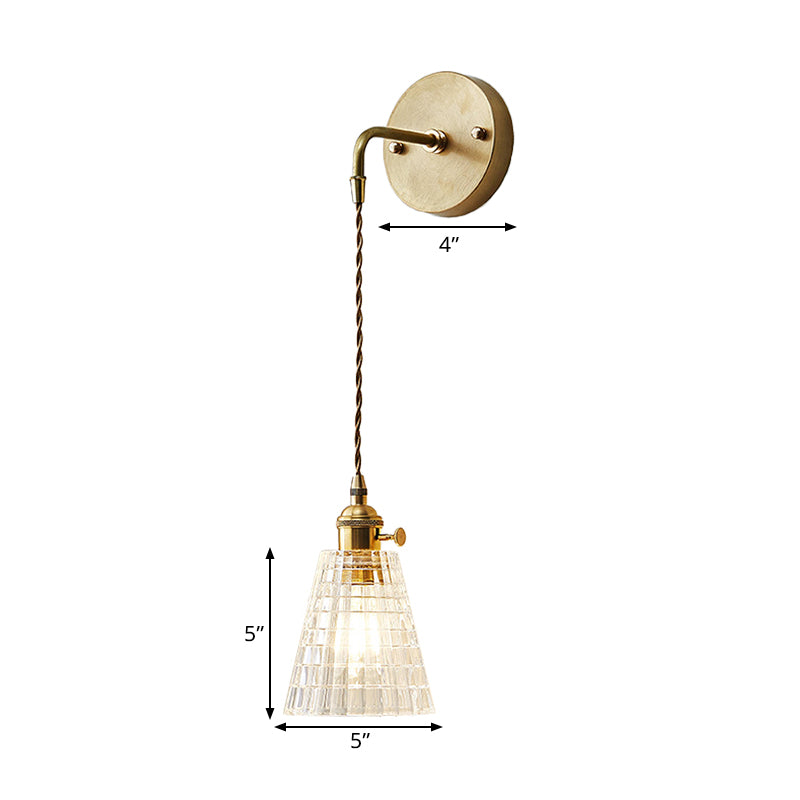 Tapered Clear Textured Glass Wall Hanging Light Industrial Single Bulb Bedroom Sconce Lamp in Brass Clearhalo 'Cast Iron' 'Glass' 'Industrial wall lights' 'Industrial' 'Middle century wall lights' 'Modern' 'Tiffany' 'Traditional wall lights' 'Wall Lamps & Sconces' 'Wall Lights' Lighting' 1207522