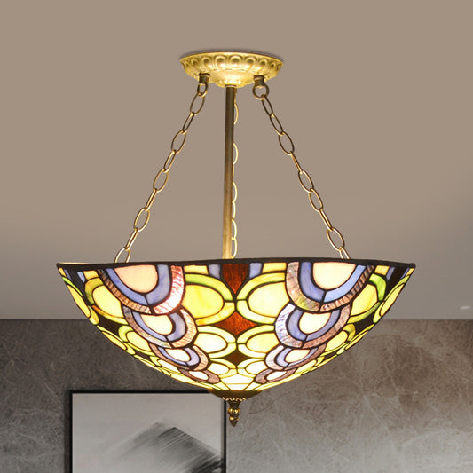 Multi-Colored Bowl Chandelier Tiffany Stained Glass Pendant Light for Living Room Yellow Clearhalo 'Ceiling Lights' 'Close To Ceiling Lights' 'Close to ceiling' 'Semi-flushmount' Lighting' 1207523