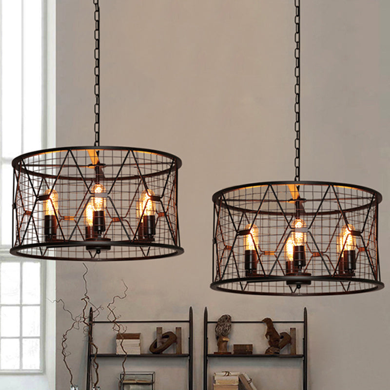 Trellis Drum Chandelier Light Vintage Industrial Metal 6-Light Pendant Chandelier Clearhalo 'Cast Iron' 'Ceiling Lights' 'Chandeliers' 'Industrial Chandeliers' 'Industrial' 'Metal' 'Middle Century Chandeliers' 'Rustic Chandeliers' 'Tiffany' Lighting' 1207550
