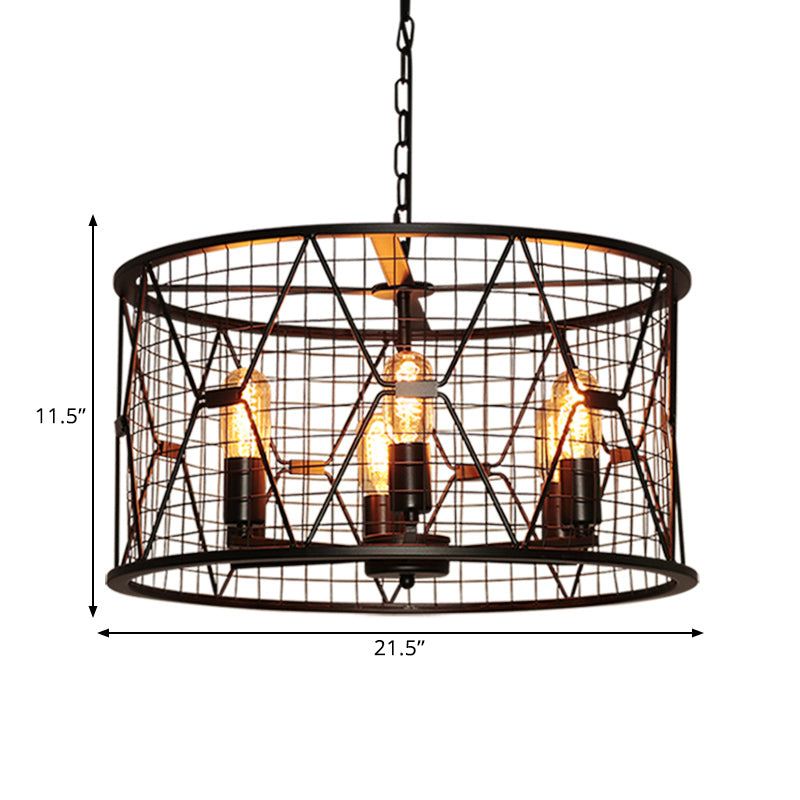 Trellis Drum Chandelier Light Vintage Industrial Metal 6-Light Pendant Chandelier Clearhalo 'Cast Iron' 'Ceiling Lights' 'Chandeliers' 'Industrial Chandeliers' 'Industrial' 'Metal' 'Middle Century Chandeliers' 'Rustic Chandeliers' 'Tiffany' Lighting' 1207553
