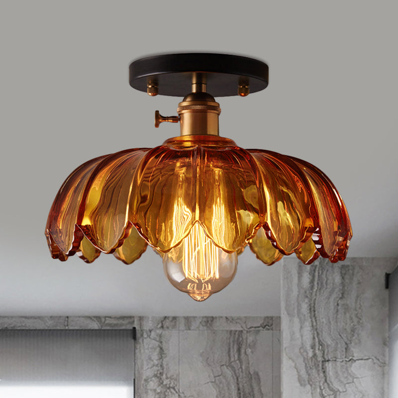 White/Amber One Light Ceiling Mount Industrial Prismatic Glass Scalloped Semi Flush Light Clearhalo 'Ceiling Lights' 'Close To Ceiling Lights' 'Close to ceiling' 'Glass shade' 'Glass' 'Semi-flushmount' Lighting' 1207670
