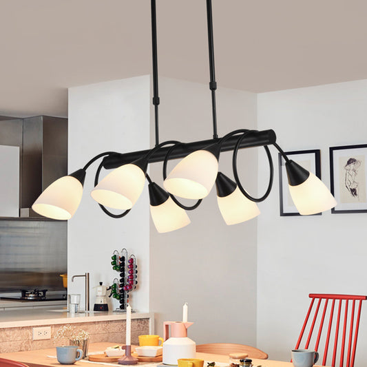 Linear Kitchen Pendant Light Fixture Modern White Glass 6/8/10 Lights Black Hanging Lamp Kit, Down/Up 6 Black Down
