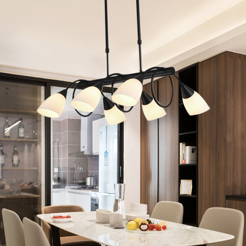 Linear Kitchen Pendant Light Fixture Modern White Glass 6/8/10 Lights Black Hanging Lamp Kit, Down/Up Clearhalo 'Ceiling Lights' 'Glass shade' 'Glass' 'Island Lights' Lighting' 1207729
