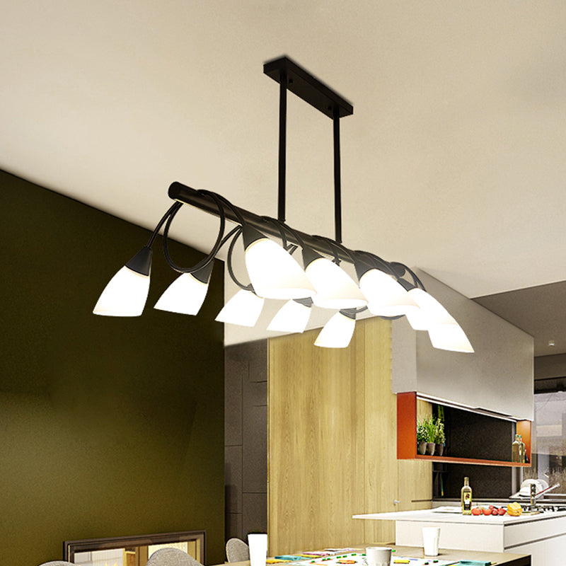 Linear Kitchen Pendant Light Fixture Modern White Glass 6/8/10 Lights Black Hanging Lamp Kit, Down/Up Clearhalo 'Ceiling Lights' 'Glass shade' 'Glass' 'Island Lights' Lighting' 1207738