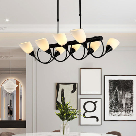 Linear Kitchen Pendant Light Fixture Modern White Glass 6/8/10 Lights Black Hanging Lamp Kit, Down/Up Clearhalo 'Ceiling Lights' 'Glass shade' 'Glass' 'Island Lights' Lighting' 1207748