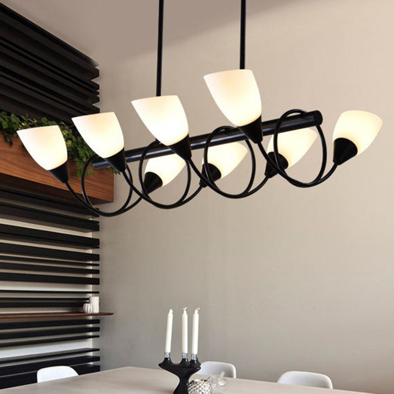 Linear Kitchen Pendant Light Fixture Modern White Glass 6/8/10 Lights Black Hanging Lamp Kit, Down/Up Clearhalo 'Ceiling Lights' 'Glass shade' 'Glass' 'Island Lights' Lighting' 1207749