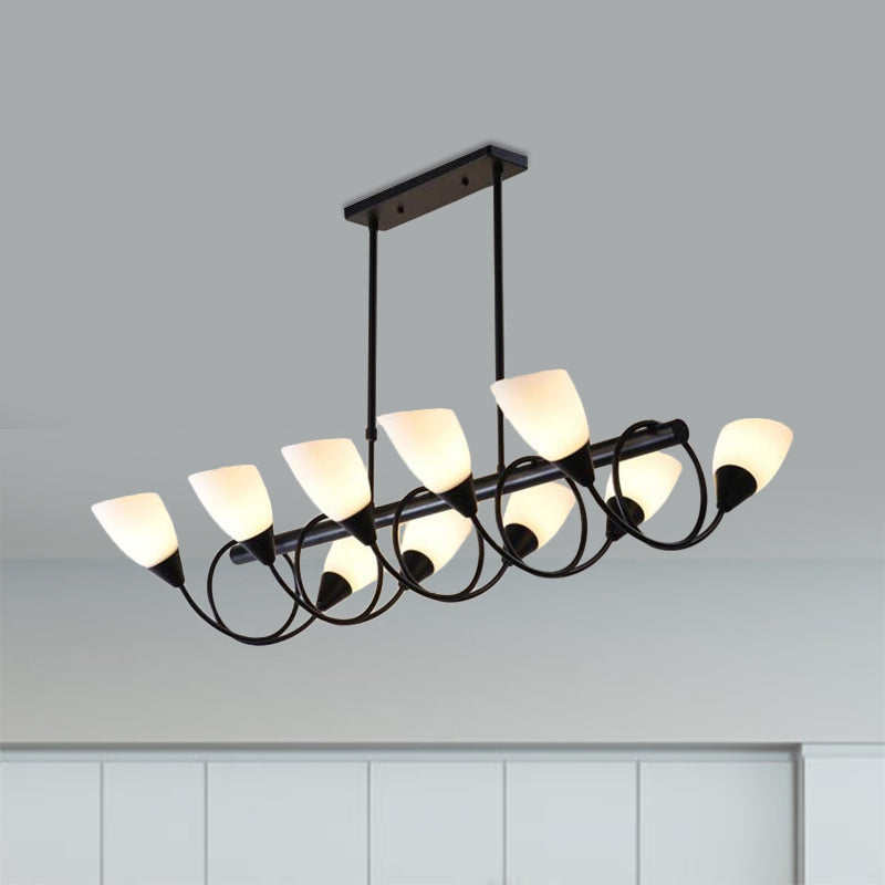 Linear Kitchen Pendant Light Fixture Modern White Glass 6/8/10 Lights Black Hanging Lamp Kit, Down/Up Clearhalo 'Ceiling Lights' 'Glass shade' 'Glass' 'Island Lights' Lighting' 1207753