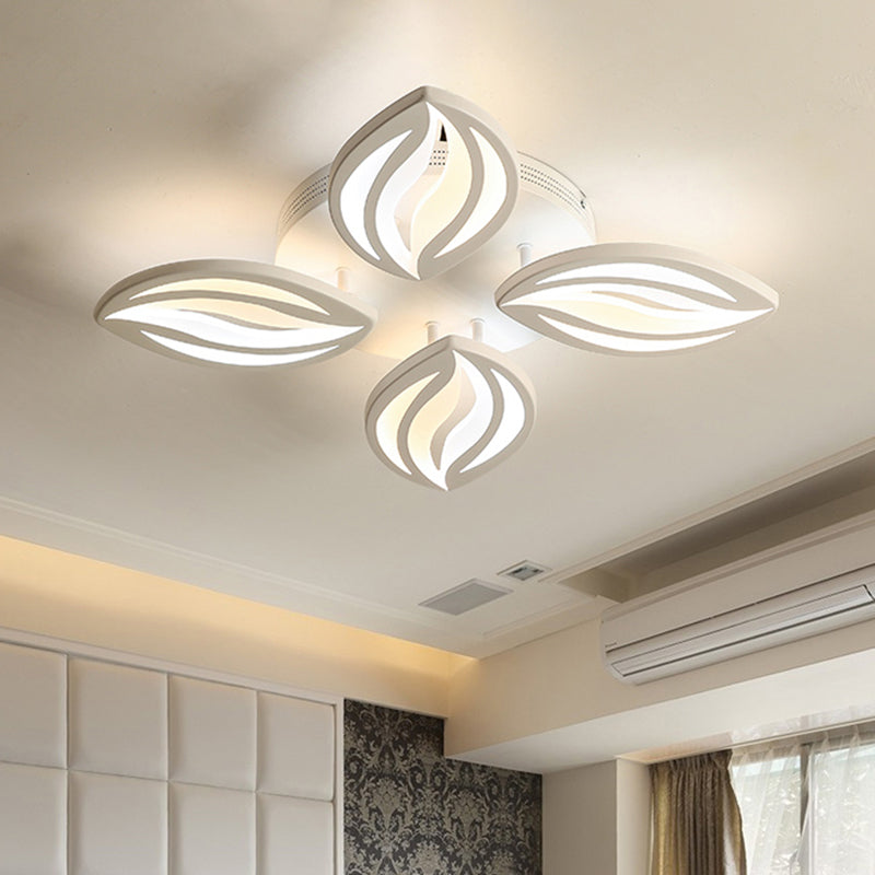 4/6 Lights LED Bedroom Flush Ceiling Light with Leaf Acrylic Shade White Flush Mount Light Fixture in Warm/White/Natural Light 4 White Clearhalo 'Ceiling Lights' 'Close To Ceiling Lights' 'Close to ceiling' 'Semi-flushmount' Lighting' 1208005