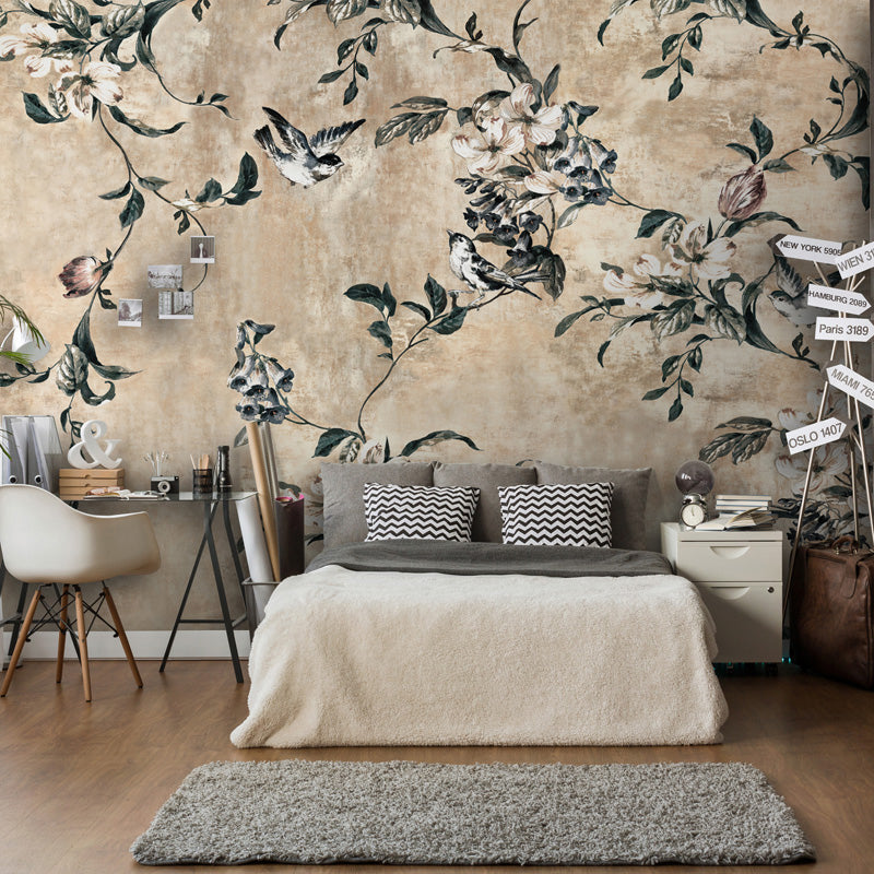 Pastel Color Chinese Style Murals Whole Bird and Peach Branch Patterned Wall Decor for Bedroom Light Brown Clearhalo 'Wall Decor' 'Wall Mural' 1209186