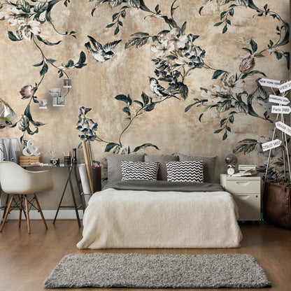 Pastel Color Chinese Style Murals Whole Bird and Peach Branch Patterned Wall Decor for Bedroom Light Brown Clearhalo 'Wall Decor' 'Wall Mural' 1209186