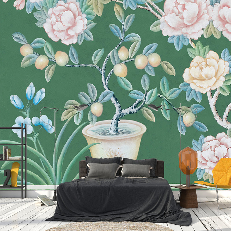 Non-Woven Washable Murals Modern Art Potted Fruit and Peony Painting Wall Decor for Dining Room Blackish Green Clearhalo 'Wall Decor' 'Wall Mural' 1209281