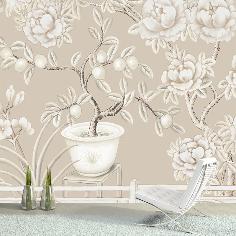 Non-Woven Washable Murals Modern Art Potted Fruit and Peony Painting Wall Decor for Dining Room Clearhalo 'Wall Decor' 'Wall Mural' 1209287