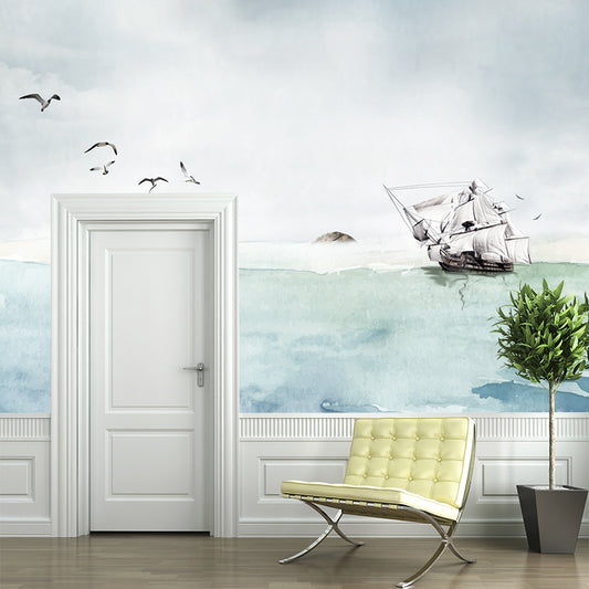 Sea Painting Sailing Vessel Mural Wallpaper Nautical Non-Woven Cloth Wall Art in Grey-Blue Clearhalo 'Wall Decor' 'Wall Mural' 1209303
