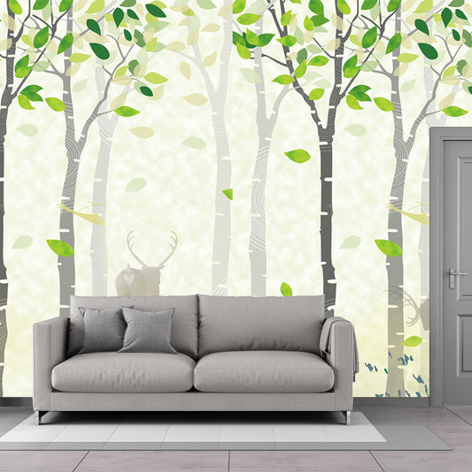 Deer in Spring Forest Murals Yellow-Green Nordic Style Wall Covering for Living Room