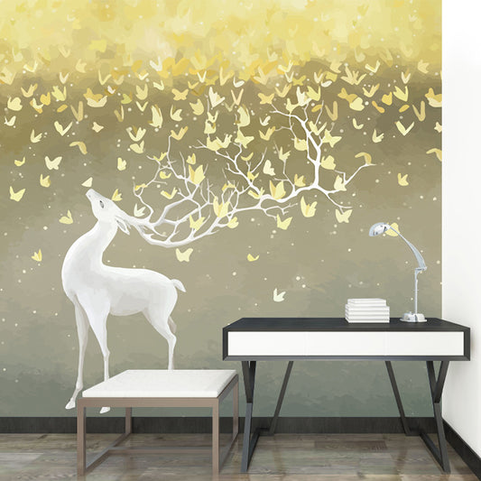 Illustration Deer and Butterfly Murals for Kids Bedroom, Grey-Yellow, Made to Measure Clearhalo 'Wall Decor' 'Wall Mural' 1209382