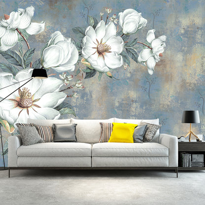 Illustration Flowers Wall Paper Murals Whole Wall Covering for Bedroom, Personalised Size Blue-White Clearhalo 'Wall Decor' 'Wall Mural' 1209428