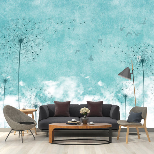 Dandelion Wallpaper Murals in Blue and White, Minimalist Wall Covering for Accent Wall Clearhalo 'Wall Decor' 'Wall Mural' 1209559
