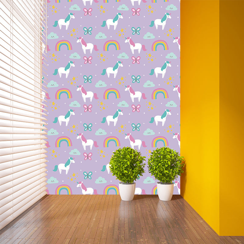 Cartoon Pony Printed Wallpaper Murals Purple-Green Stain Resistant Wall Art for Home Clearhalo 'Wall Decor' 'Wall Mural' 1209665