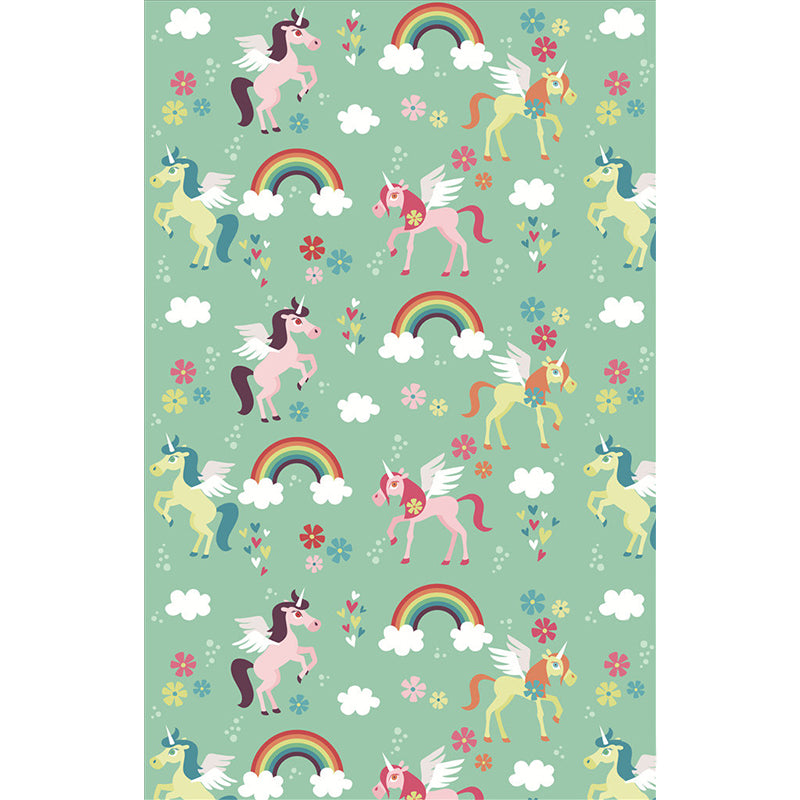 Green Cartoon Mural Wallpaper Whole Rainbow and Unicorn Pattern Wall Decor for Nursery Clearhalo 'Wall Decor' 'Wall Mural' 1209672