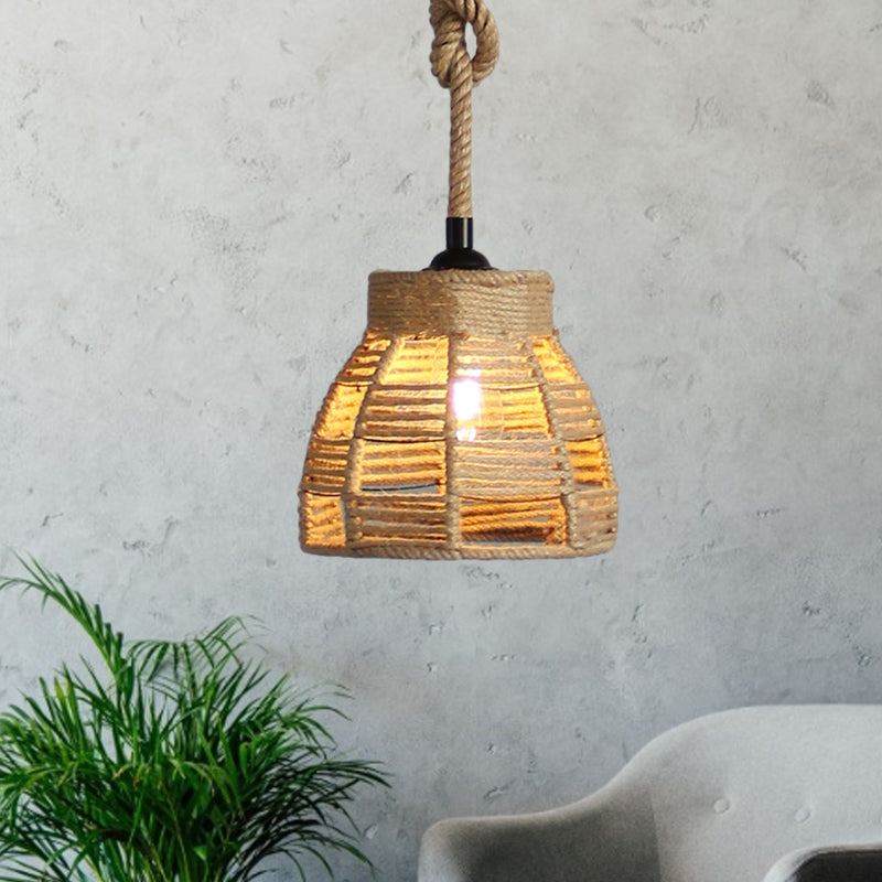 Beige Domed Pendant Lighting Vintage Industrial Natural Rope 1 Light Restaurant Hanging Lamp, 10"/14" Width Clearhalo 'Ceiling Lights' 'Industrial Pendants' 'Industrial' 'Middle Century Pendants' 'Pendant Lights' 'Pendants' 'Tiffany' Lighting' 1209720
