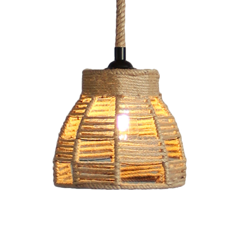 Beige Domed Pendant Lighting Vintage Industrial Natural Rope 1 Light Restaurant Hanging Lamp, 10"/14" Width Clearhalo 'Ceiling Lights' 'Industrial Pendants' 'Industrial' 'Middle Century Pendants' 'Pendant Lights' 'Pendants' 'Tiffany' Lighting' 1209721