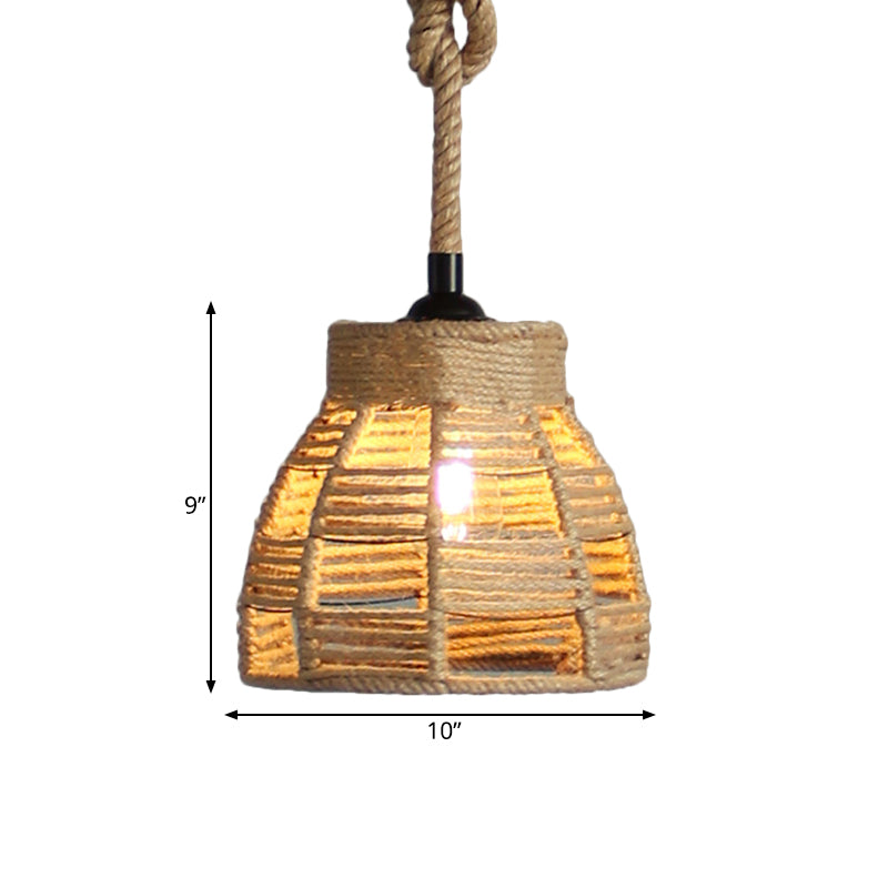 Beige Domed Pendant Lighting Vintage Industrial Natural Rope 1 Light Restaurant Hanging Lamp, 10"/14" Width Clearhalo 'Ceiling Lights' 'Industrial Pendants' 'Industrial' 'Middle Century Pendants' 'Pendant Lights' 'Pendants' 'Tiffany' Lighting' 1209723