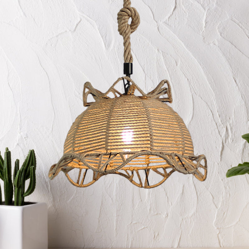 Beige Domed Pendant Lighting Vintage Industrial Natural Rope 1 Light Restaurant Hanging Lamp, 10"/14" Width Beige 14" Clearhalo 'Ceiling Lights' 'Industrial Pendants' 'Industrial' 'Middle Century Pendants' 'Pendant Lights' 'Pendants' 'Tiffany' Lighting' 1209724