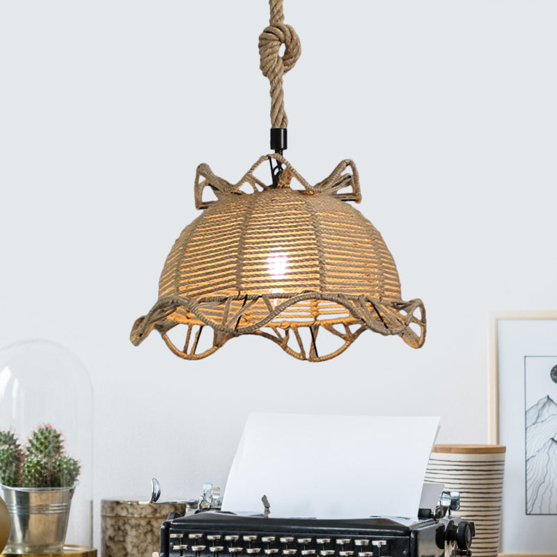 Beige Domed Pendant Lighting Vintage Industrial Natural Rope 1 Light Restaurant Hanging Lamp, 10"/14" Width Clearhalo 'Ceiling Lights' 'Industrial Pendants' 'Industrial' 'Middle Century Pendants' 'Pendant Lights' 'Pendants' 'Tiffany' Lighting' 1209725